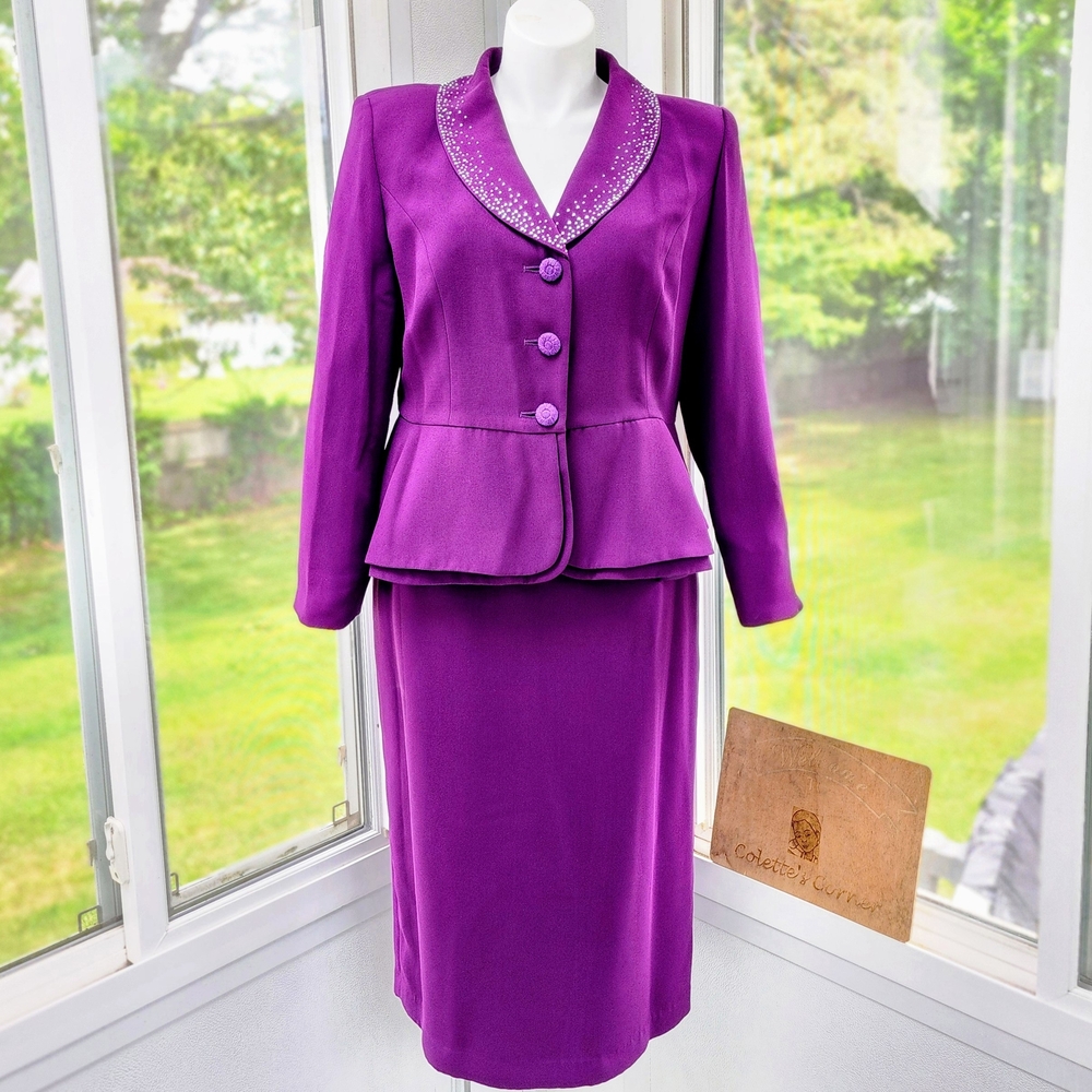 EY Signature Plum Peplum Sequience Studded Blazer & Long Skirt Suit Set - Picture 2 of 16